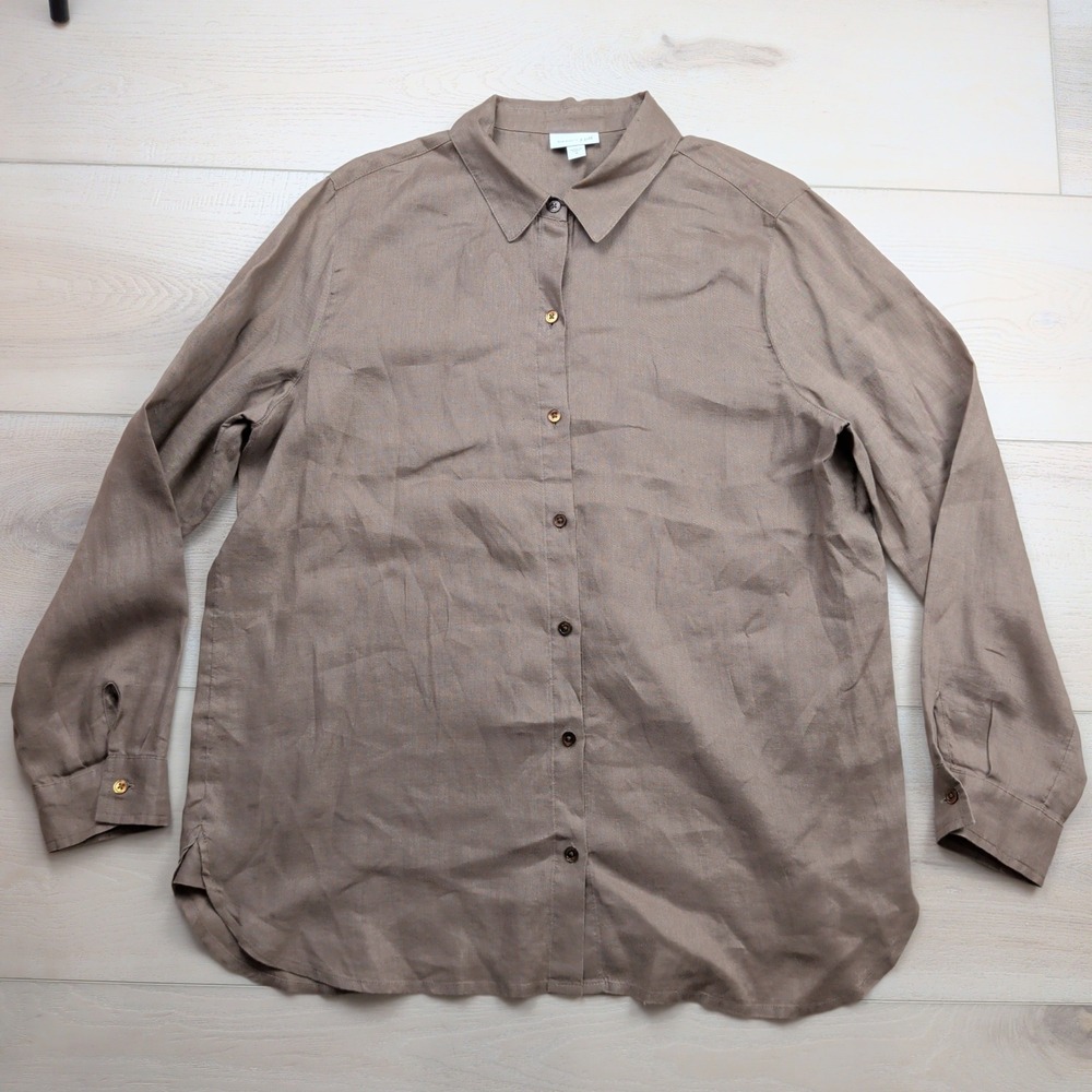 J. Jill Love Linen Brown Button Down Shirt Womens Medium 100% Linen Long Sleeve